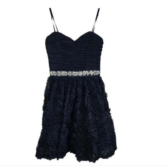 Navy Blue Ruched Dress Silver Rhinestone Studded Rosette Lace Prom Hoco Dance - Picture 4 of 13